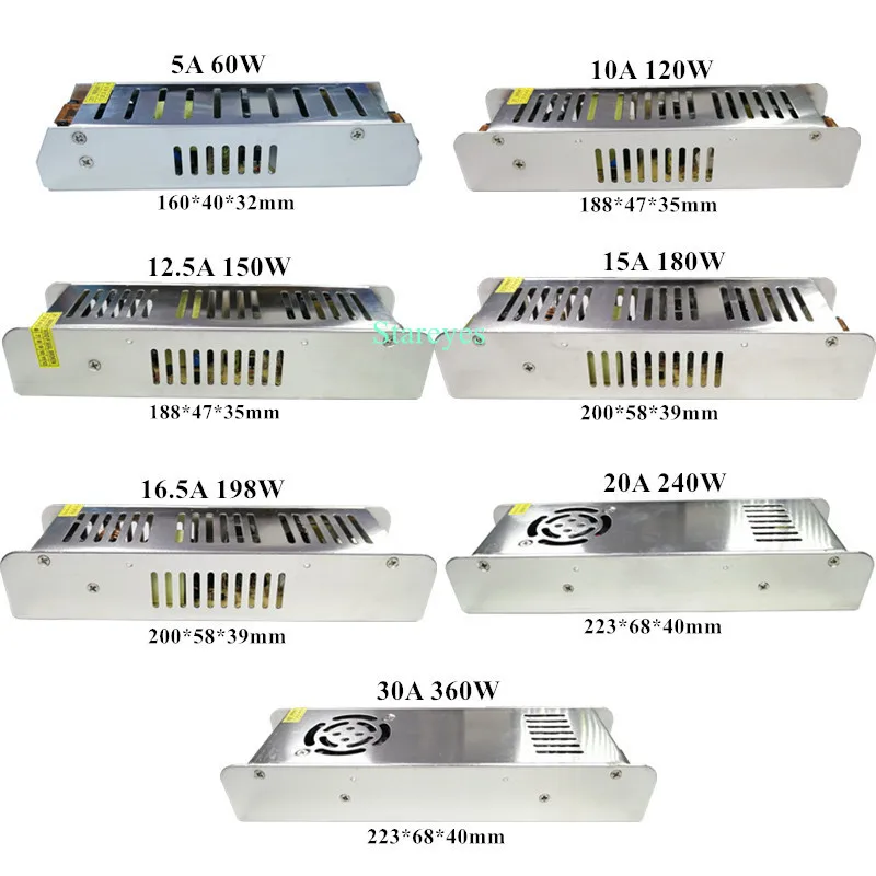 Elongated Power Supply Transformer AC100-240V to DC12V 5A 10A 15A 20A 30A Adapter for LED strip 3D Printer CCTV Advertising LED