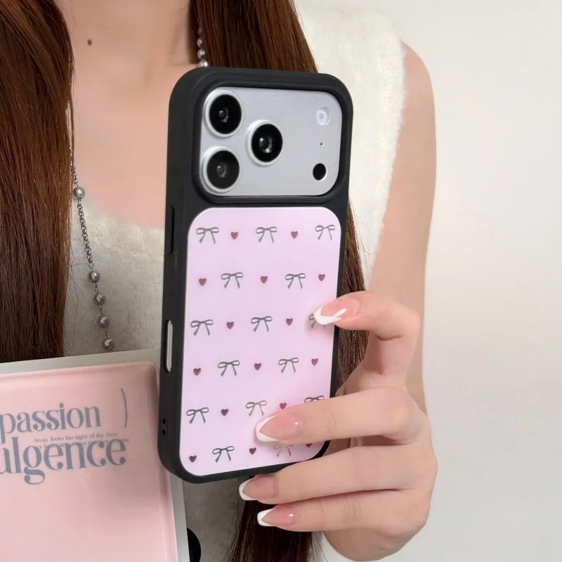 

Korean Little Love Heart Bowknot Phone Case For iPhone 17 Pro 16 15 Pro Max Back Cover Fashion Acrylic Hard Protective Cases Gir