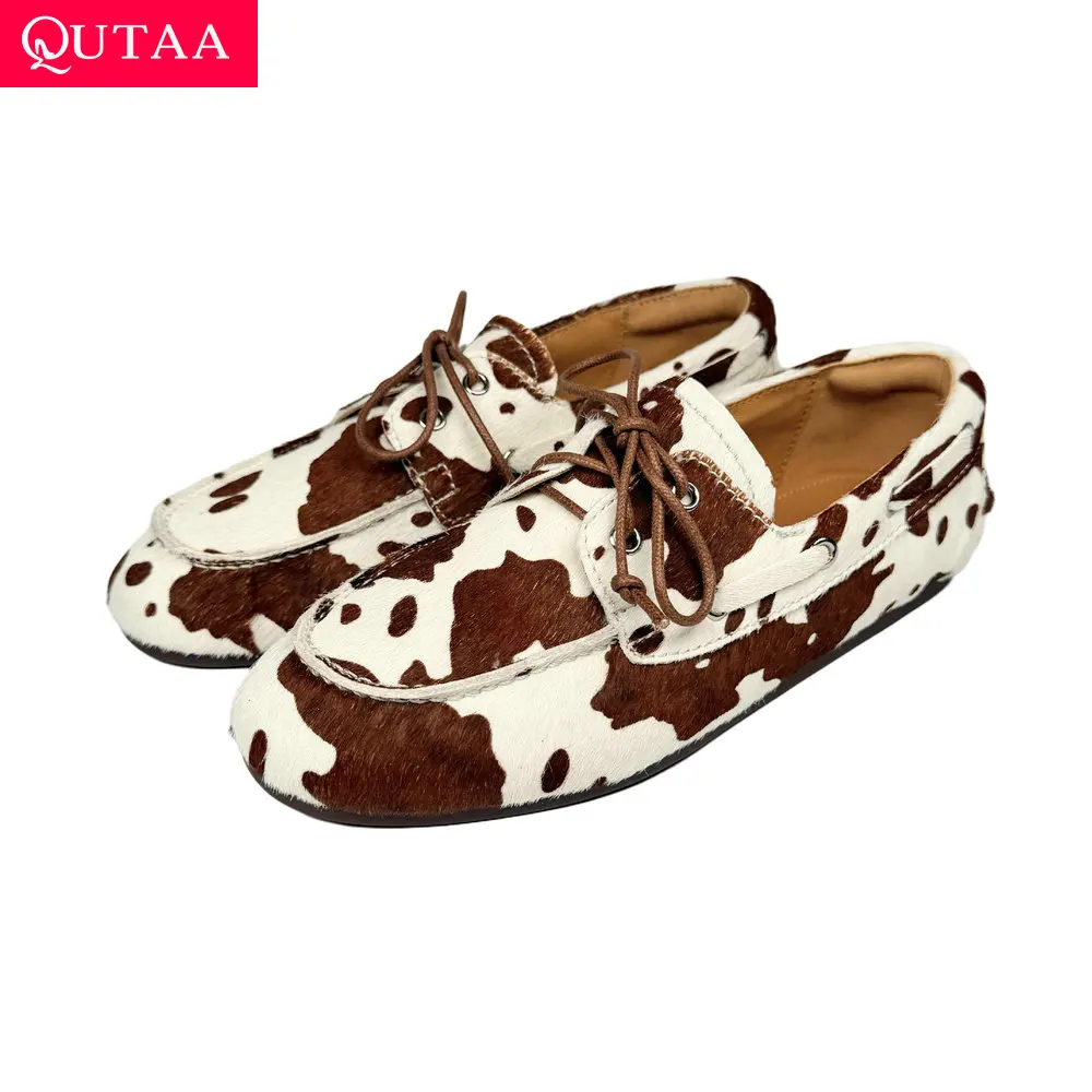 

QUTAA Fashion Women Flats Shoes Woman Cow Suede Spring Lace-up Horsehair Leather Round Toe Casual Loafers Shoe Dress 35-43
