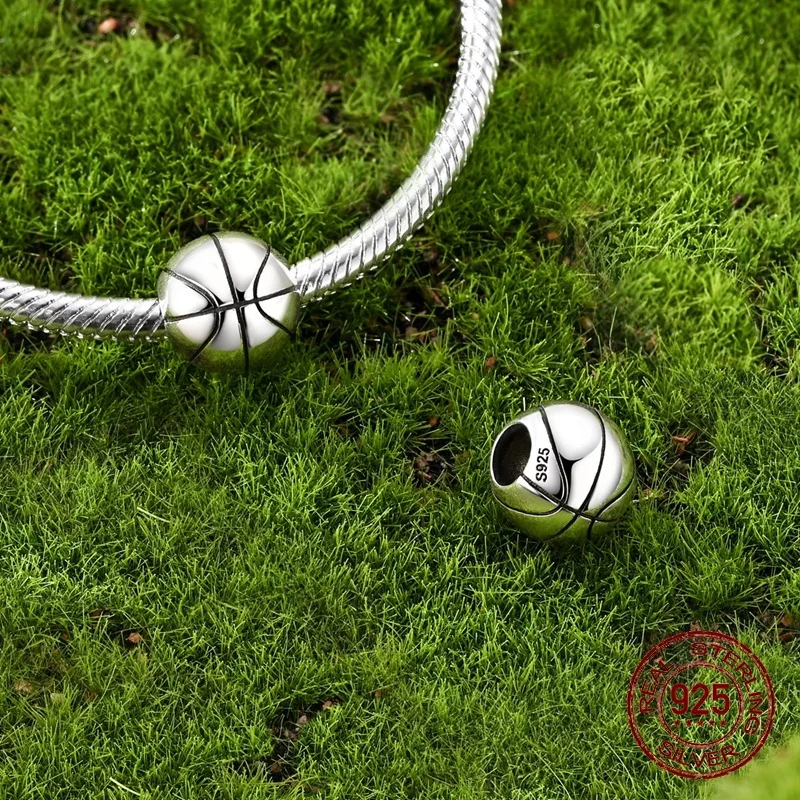 925 Sterling Silver Basketball Bead Charm Black Enamel Seams & Polished Finish Fit Bracelets Jewelry Gift for Men Women Kids view 3