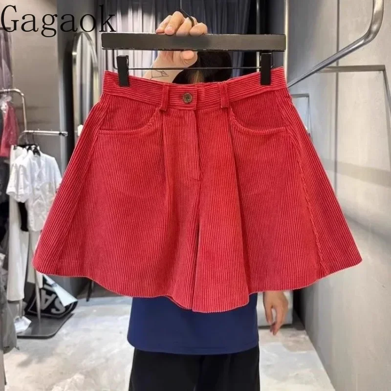 

Gagaok Korean Dongdaemun Shorts 2024 Autumn Winter High Waist Slim Corduroy Wide Leg Casual Shorts Women Vintage Clothes