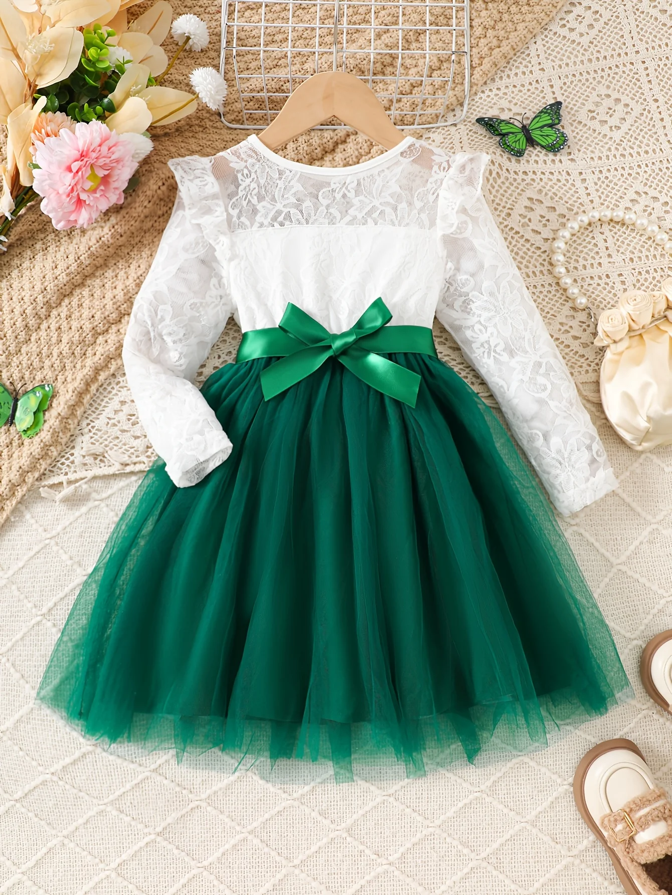 Mädchen-Kleid, lässig, modisch, gestrickt, langärmelig, Rundhalsausschnitt, Spitze, Flatterärmel, Rüschen, Netzkleid, Urlaub, Party, Geschenk