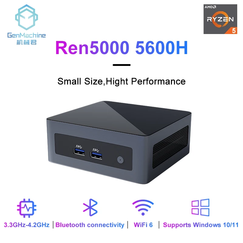 GenMachine-Mini PC Desktop Computer, AMD Ryzen 5 5600H, Windows 10 11, DDR4, 3.3GHz, até 4.2GHz, HDMI Ren5000, 5600H, NUC, Novo