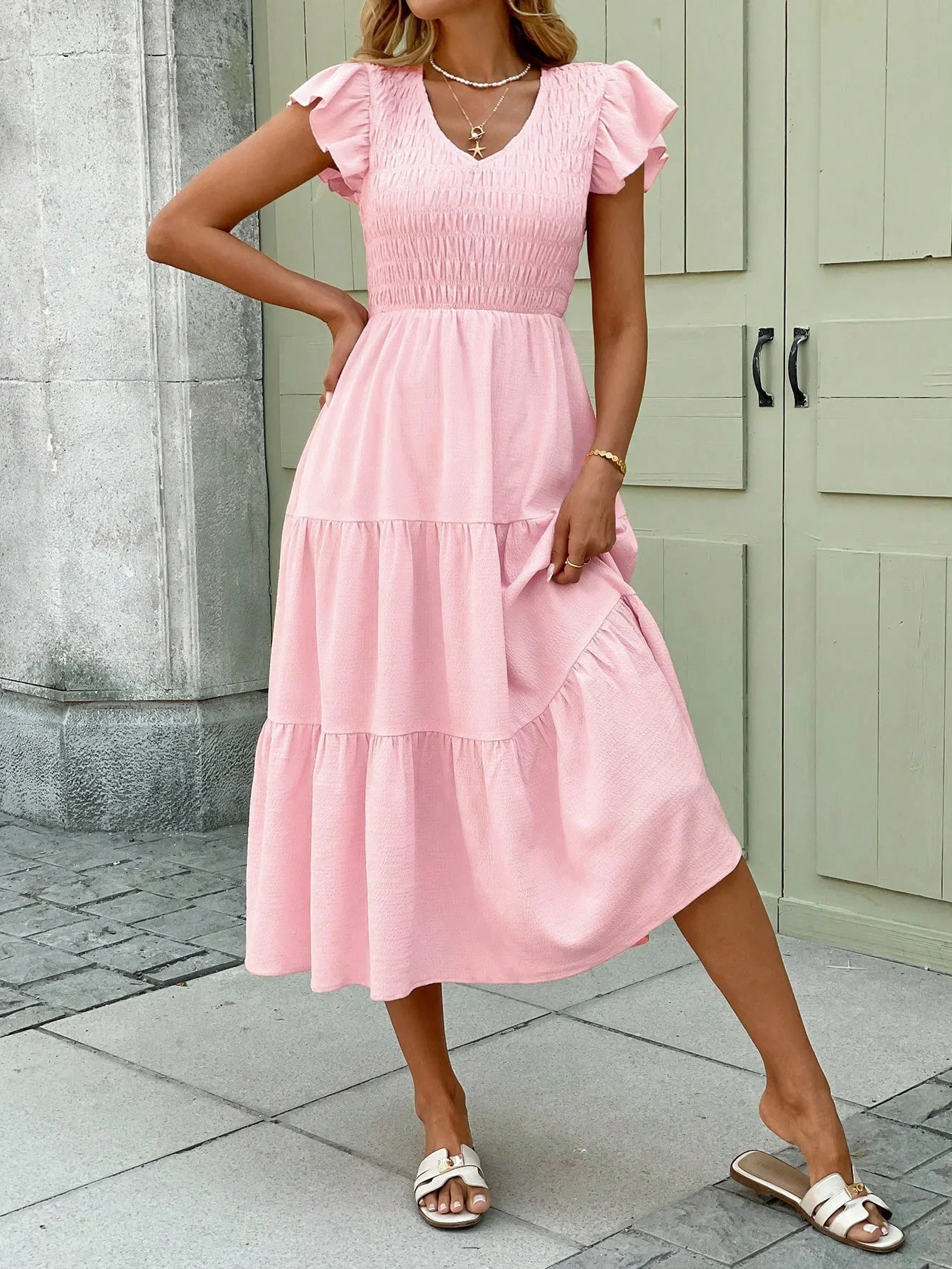 2025 novo verão vestidos com decote em v para mulheres sólido manga curta vestido feminino elegante a linha vestido feminino vestidos de verano mujer q277