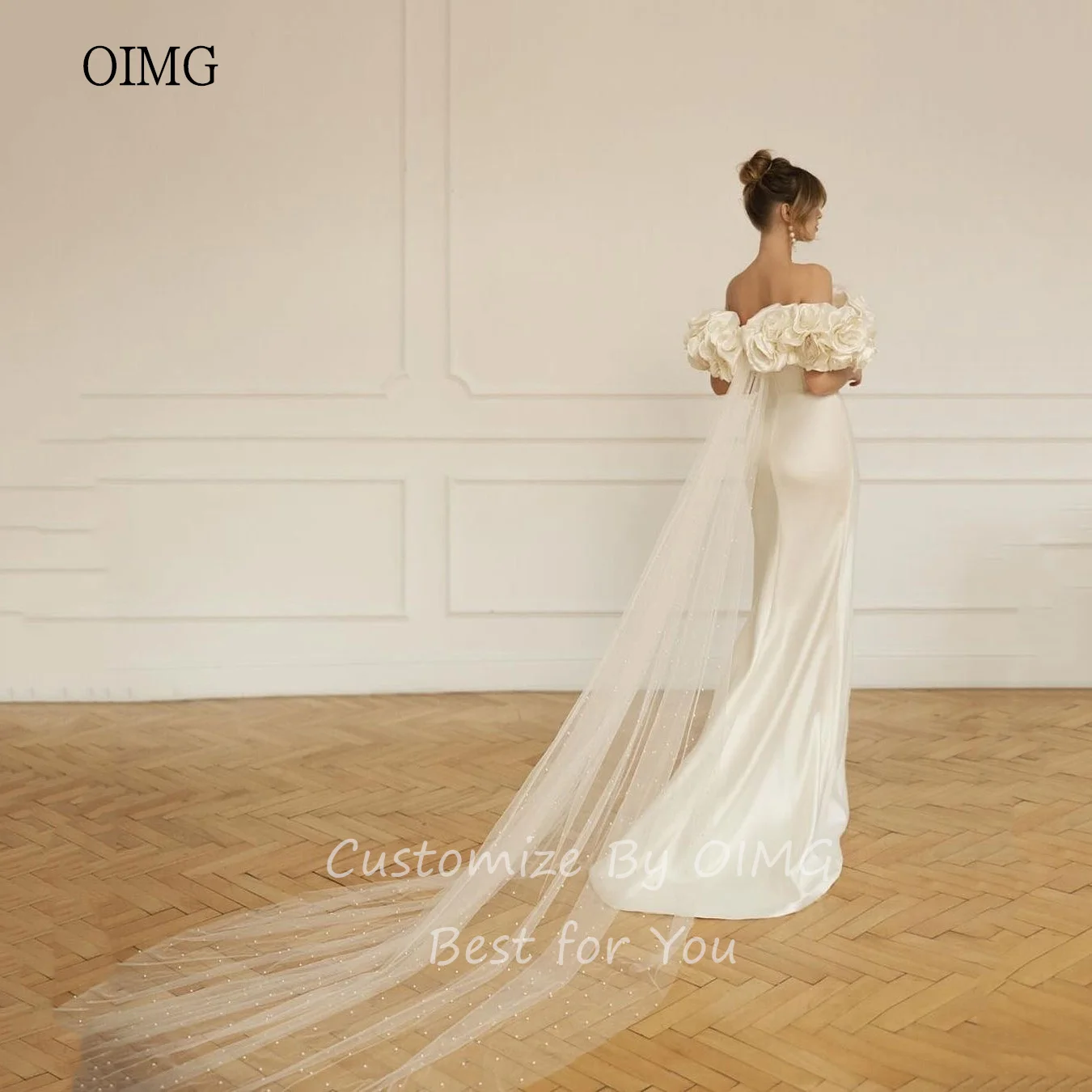 OIMG Exquisite Mermaid Wedding Dress Flowers Off The Shoulder Dresses Yarn Trailing Wedding Gowns vestidos para mujer Customized