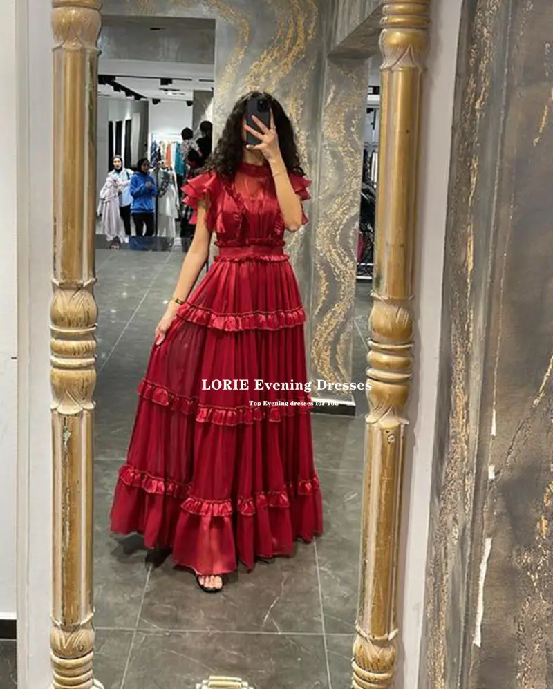 LORIE Burgundy Tulle Sleeves Ruffles Prom Dresses Ruched Evening Gowns Women Party Gowns For Special Occasion Vestidos De Noche