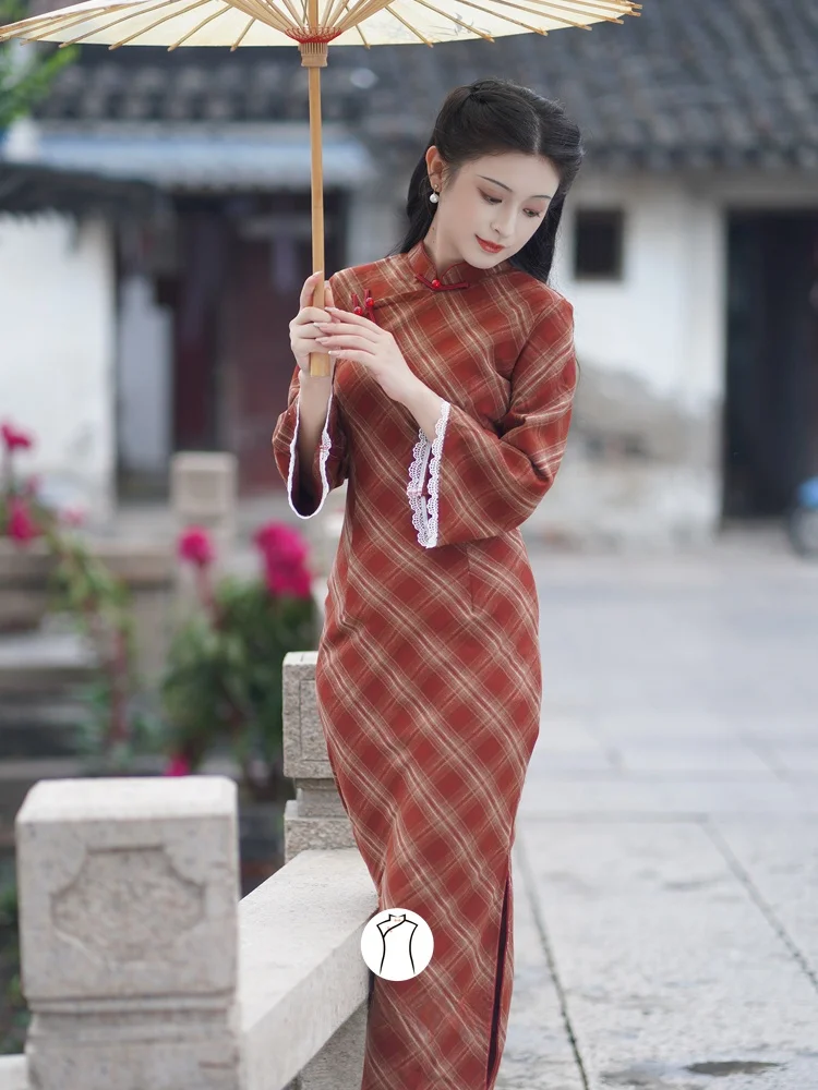 

Красное клетчатое длинное платье Young Sle в стиле ретро для повседневного ношения, длинное платье с низким разрезом и теплыми функциями