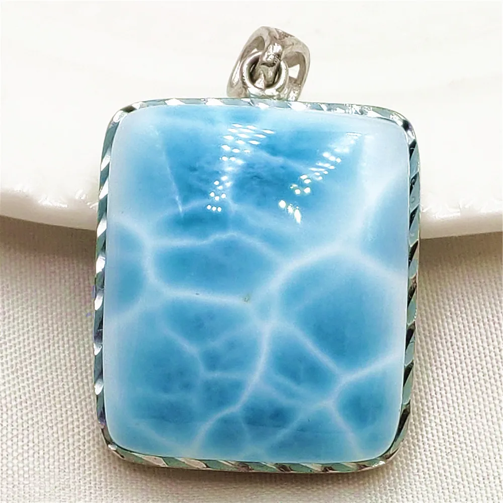 Natural Blue Larimar Heart Pendant Women Men 25x21x9mm Rectangle Water Pattern Crystal Love Necklace From Dominia AAAAAAA