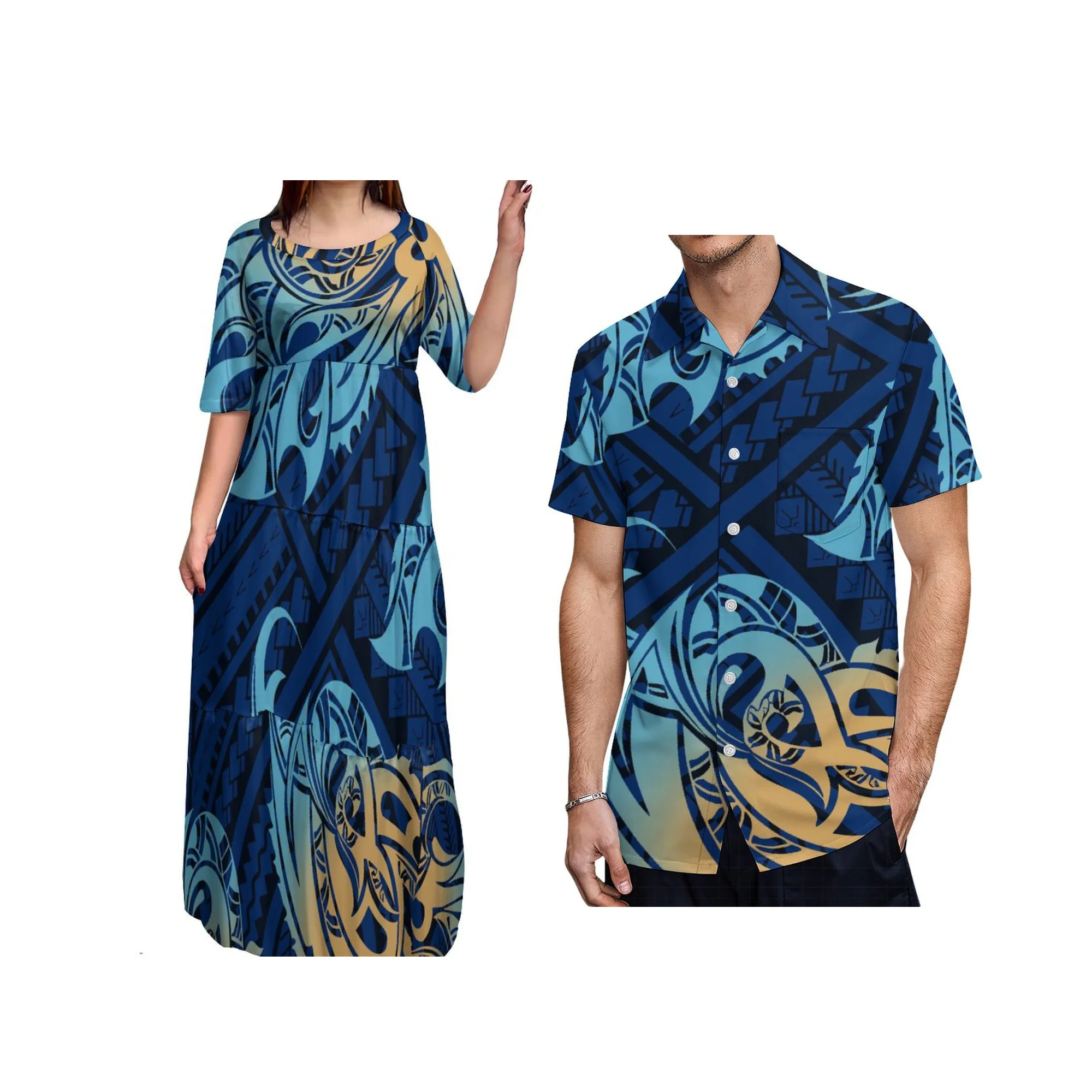 Best Price Wholesale Custom  Flower Printing Hawaiian Dress Half Sleeve Long Ruffles Tiered Dresses  Polynesian Dress