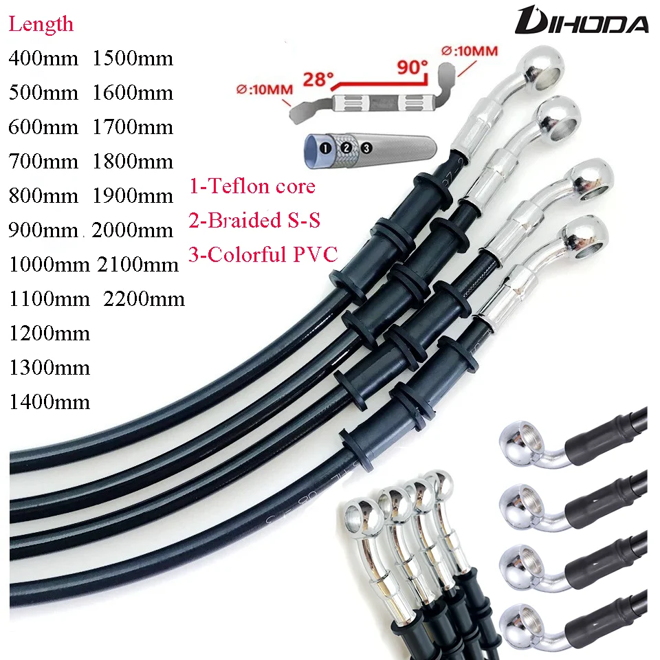 Black 400 - 2200mm 28°-90° Motorcycle Hydraulic Reinforced Brake Clutch Oil Hose Line Pipe For ATV Dirt Pit Racing Bike