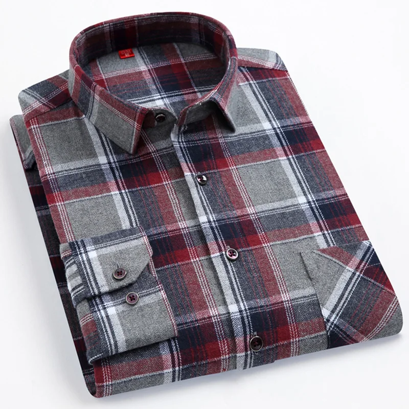 New Flannel Men\'s 100% Cotton Shirt Fit Luxury Clothes Long Sleeve Comfort Soft Plaid High Quality Casual Business Spring Autumn