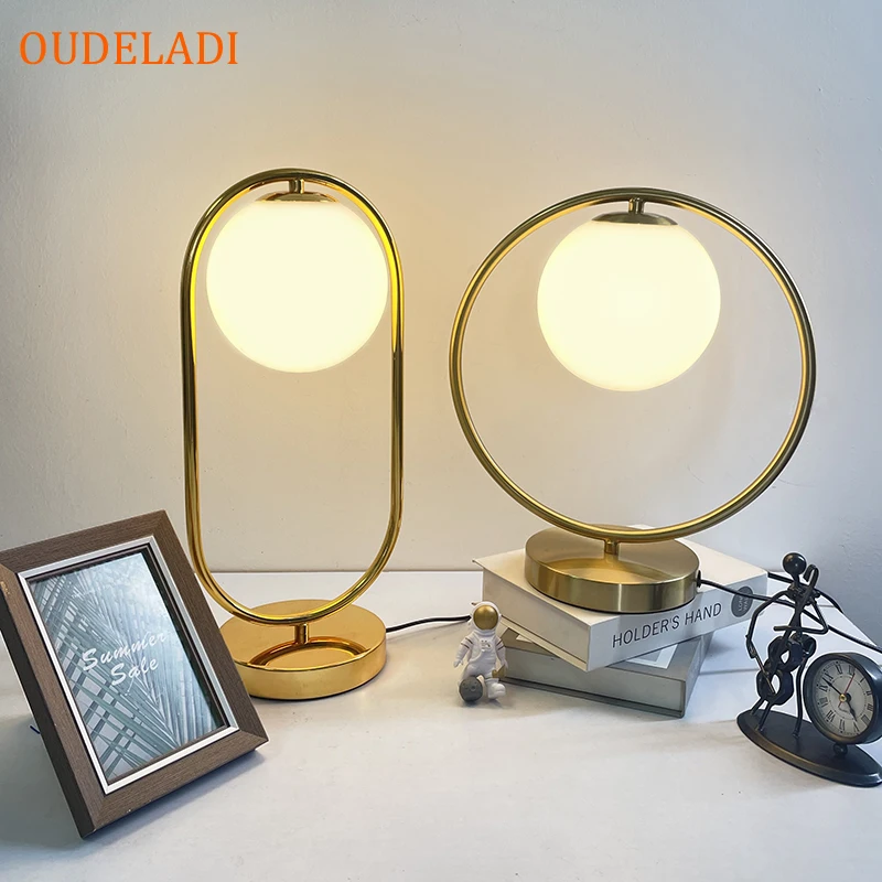 

Metal Base Plate Modern Minimalist Frosted Glass Led Desk Lamp For Study/Bed Room Nordic Art Deco Golden Body Table Lamp