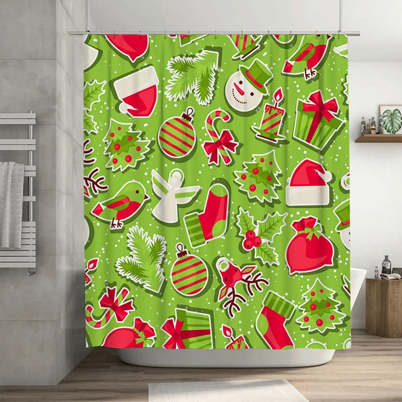 

TU Рождественская занавеска для душа Праздничный праздничный декор Веселый рождественский узор Водонепроницаемый набор для ванной комнаты Праздничный домашний декор Красный Зеленый Олень