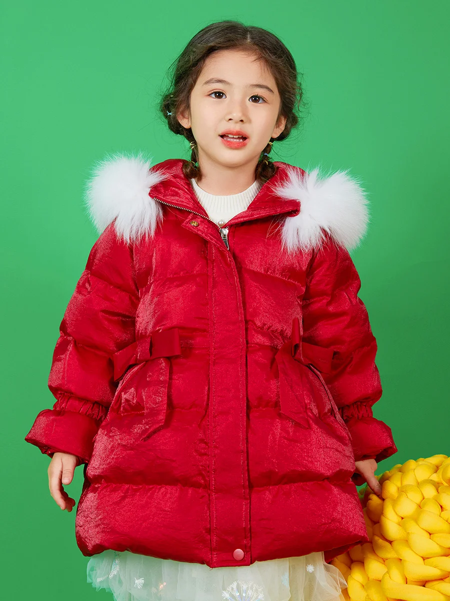 

90% White Duck Down Long Thick Parka 2022 Winter Warm Baby Girl Clothing Red Fashion Fur Collar Slim Fit 3T 8yrs Kids Coats