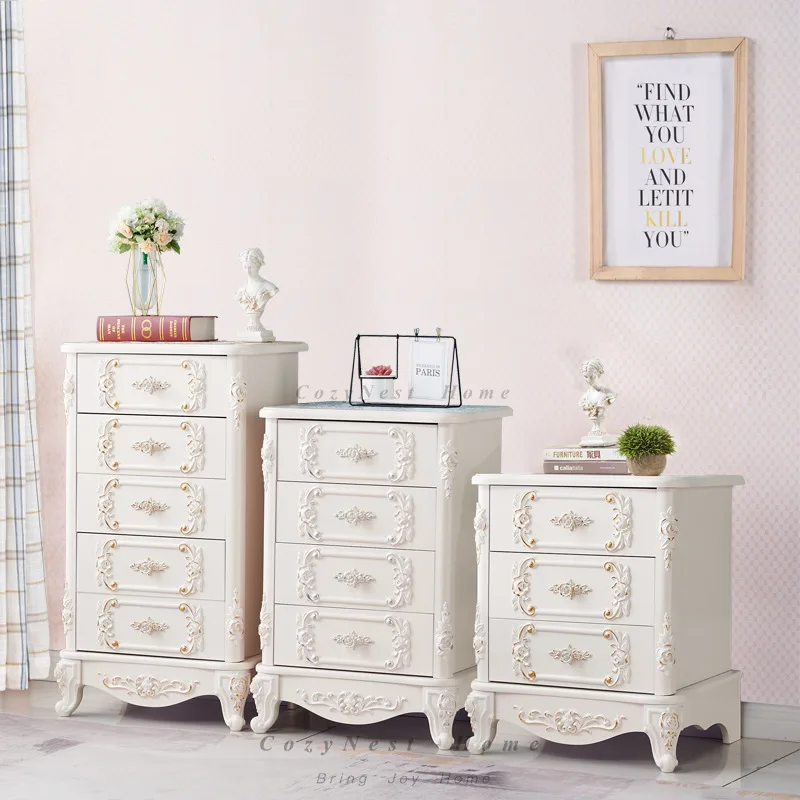 For bedside tables, now simple European bedroom engraved paint Nordic luxury three-layer storage chest bedside