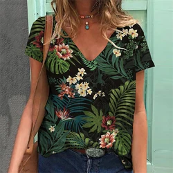 Plant Flower Floral 3D Print T-shirts Women V-Neck T Shirt Short Sleeve Y2k Top Harajuku Streetwear Oversized Tee Girl Clothing