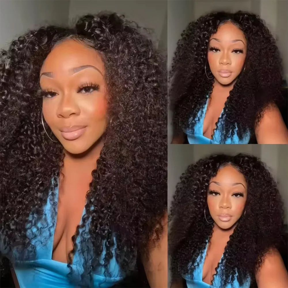 3 In 1 Half Wig Kinky Curly Human Hair Wig With Drawstring Seamless Machine Made 3 IN 1 Half Wigs For Women