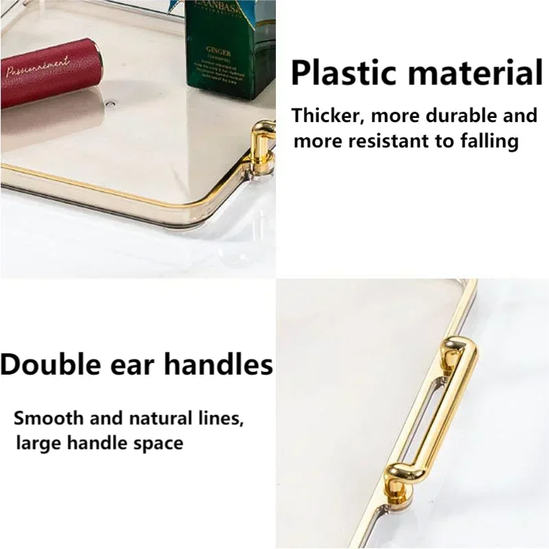Luxury Rectangular Tray Gold Handle Storage Tray Cosmetic Water Cup Fruit Storage Decorative Container Home Kitchen Supplies