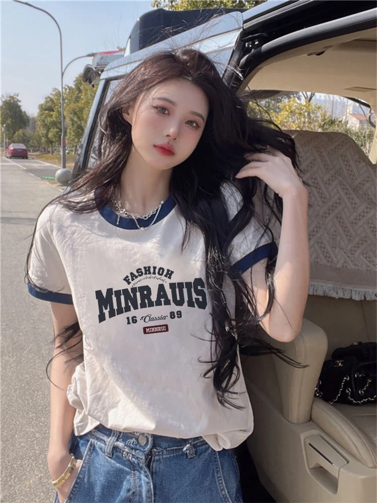 Cseta de Aodão Estilo Americano de Manga Curta para Mulheres Verão Ultra ular Alta Qualidade Sensação INS Tendência S...