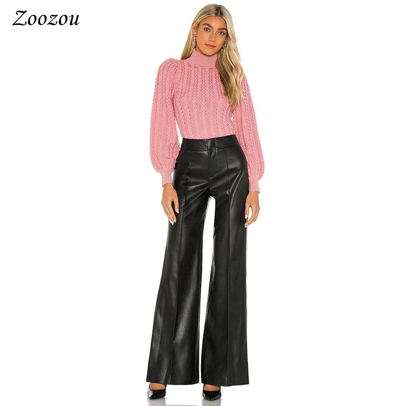 Kobiety Splicing Matte Faux Leather High Waist Flare Pants Office Ladies PU Casual Loose Straight Trousers New Fashion Hot Custom