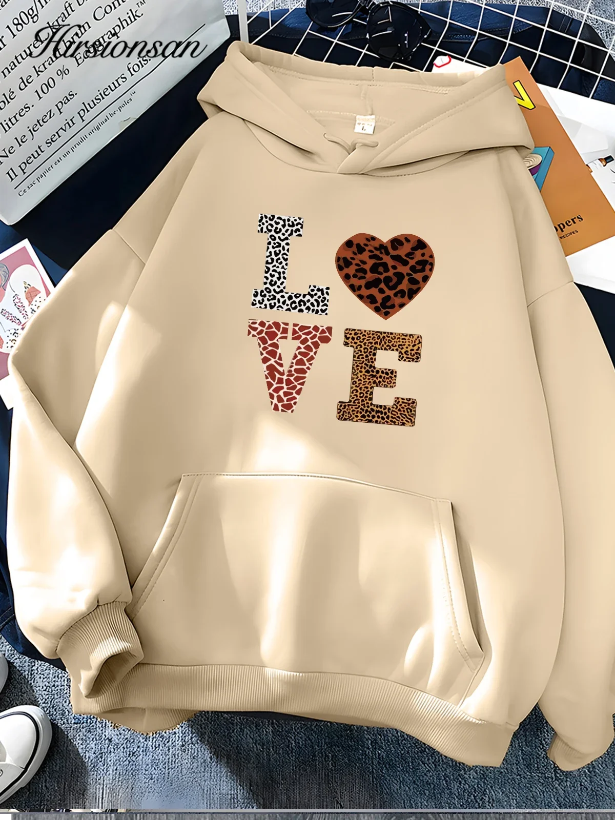 Hirsionsan Love Letter Print Sweatshirt for Women 2023 New Winter Soft Casual Loose Warm Female Hoodies Fleece Ladies Clothes