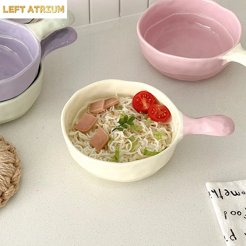 Simple Solid Ceramic Bowl With Handle Contrast Color Durable Home Kitchen Noodle Soup Dinnerware 500ML Fruit Yogurt Tablewares