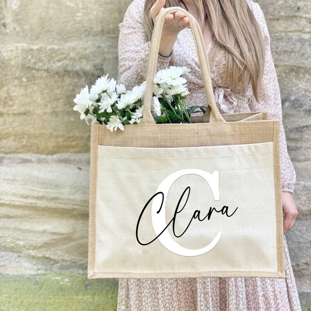 Sustainable Use Of Large Capacity Jute Bag Customized With Your Name And Initials Designed Shopping Bag Personalized Gift