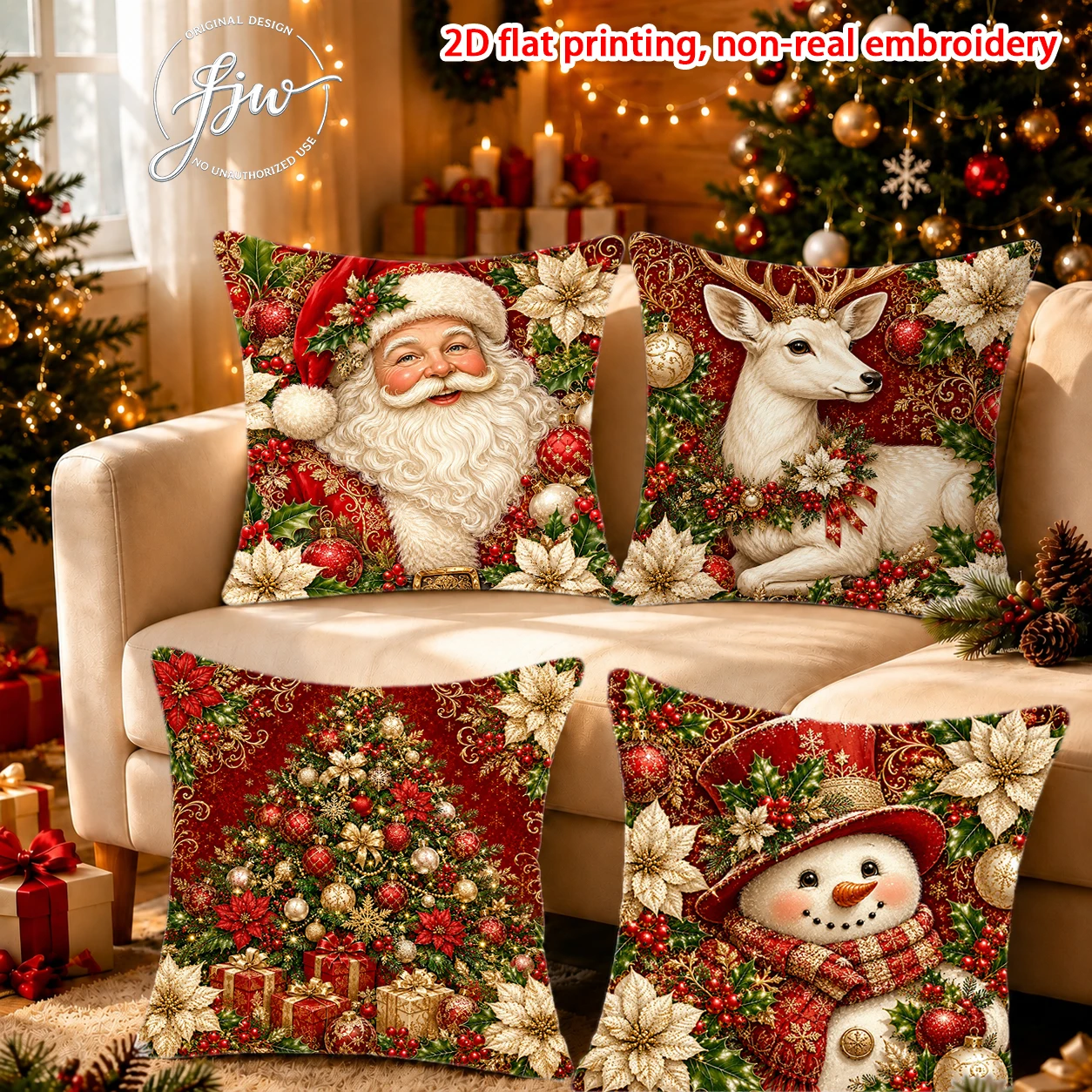 4pc Christmas Throw Pillow CoversVintage Xmas Santa Reindeer Snowman Decorative Cushion Cases for Sofa Couch Bed