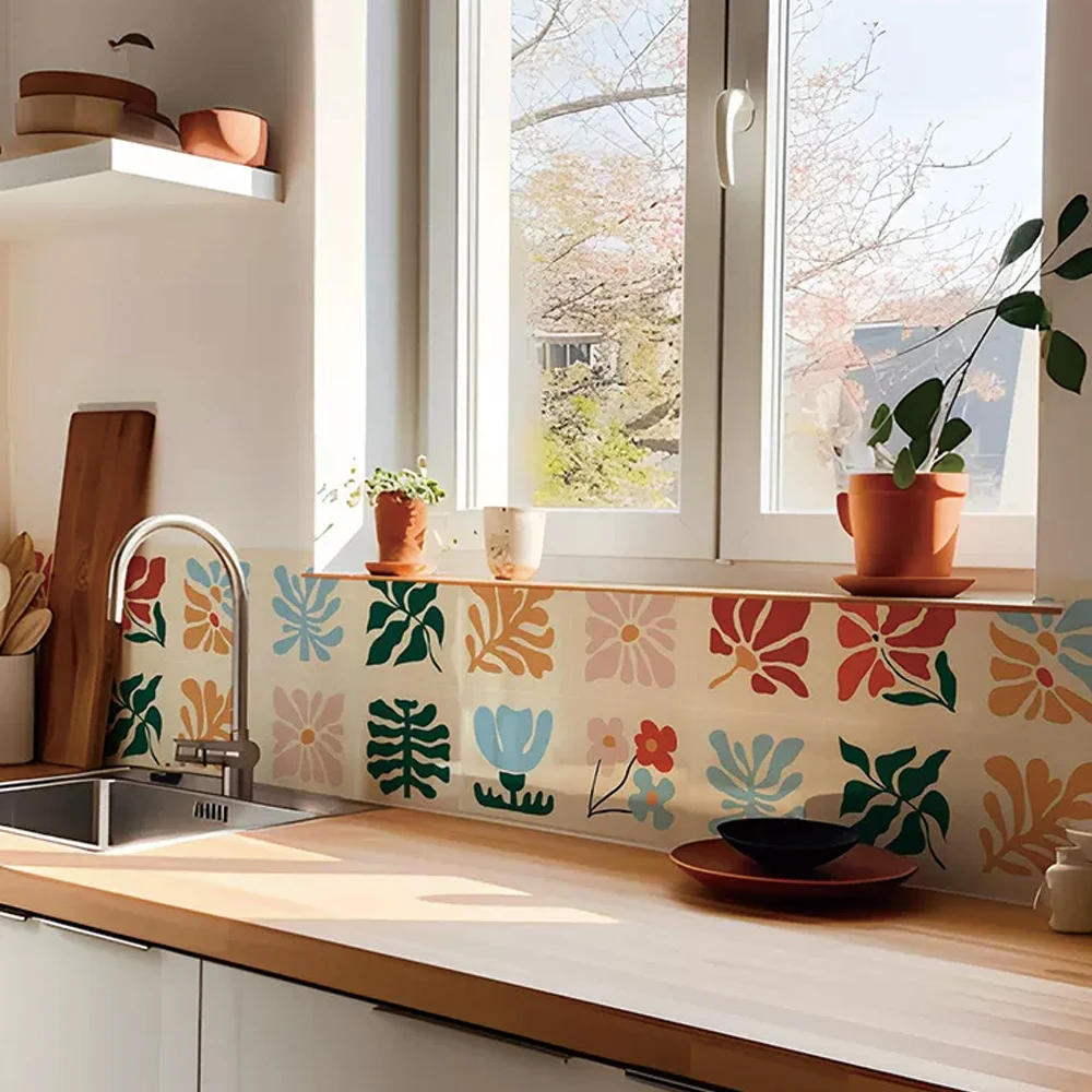 Peel and Stick Backsplash Tiles Abstract Floral Self-Adhesive Removable, Kitchen Room Wall Decals, Waterproof and Easy to Apply