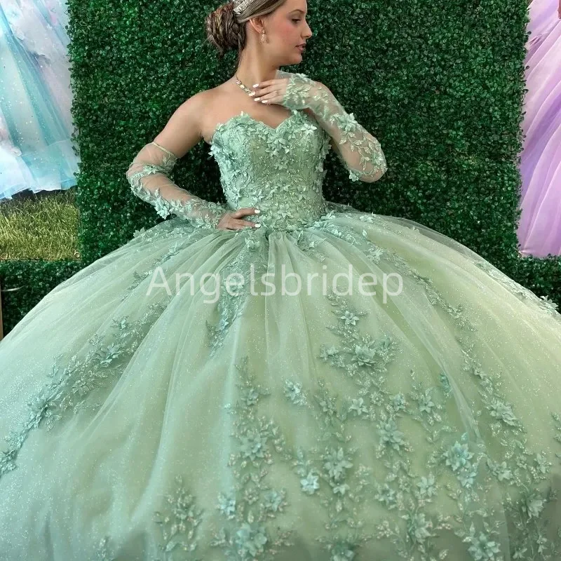 Angelsbridep Customized Sage Green 3D Floral Appliques Lace Cape Quinceanera Dresses Ball Gown Off Shoulder Vestido De 15 Años