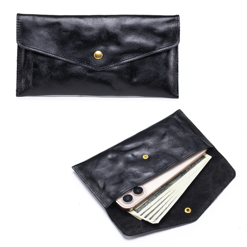 Solid Color Vintage Men Leather Envelope Clutch bag,vegetable-tanned leather Cowhide Snap Button Long Wallet for men slim wallet