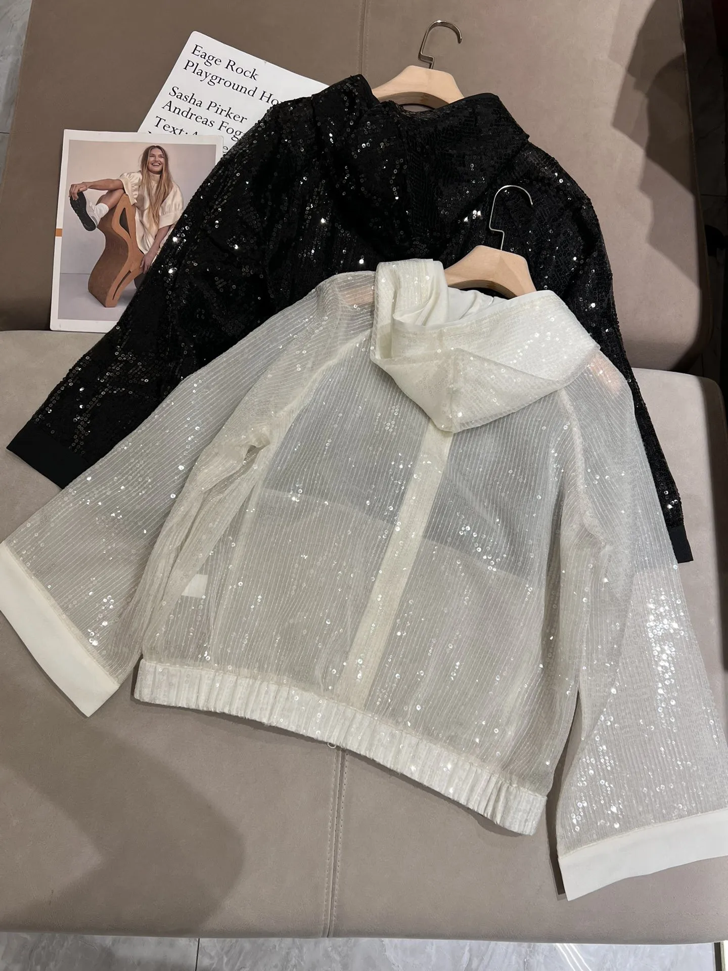 Women's Silk Jacket Sequins Beads Light Thin Long-Sleeved Top Hooded Jacket Female Short Coat Woman's Clothing White Black