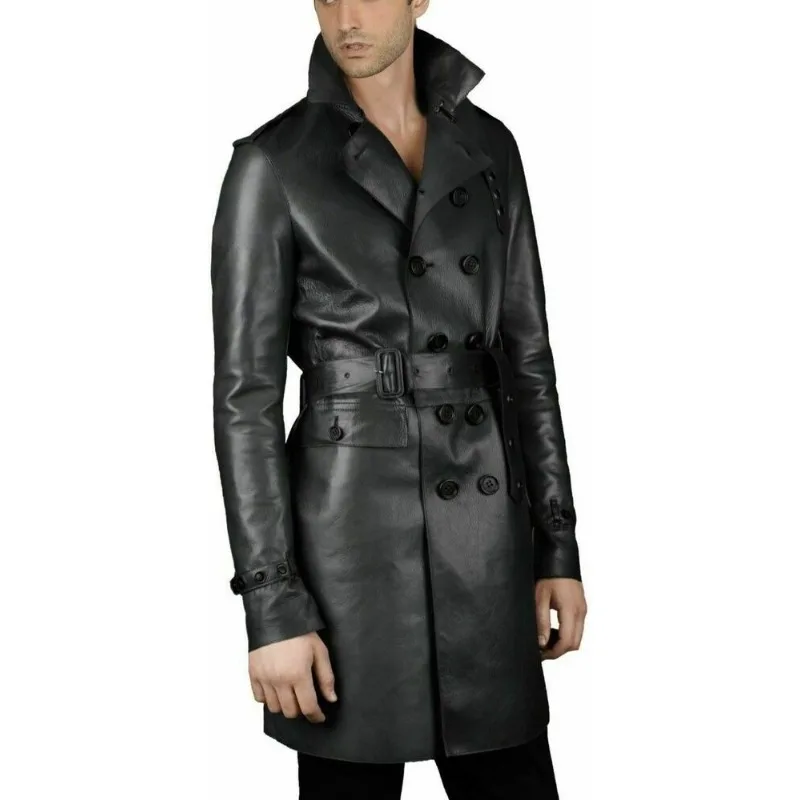 Men Genuine Lambskin Real Leather Trench Long Coat Button Belted Stylish Jacket