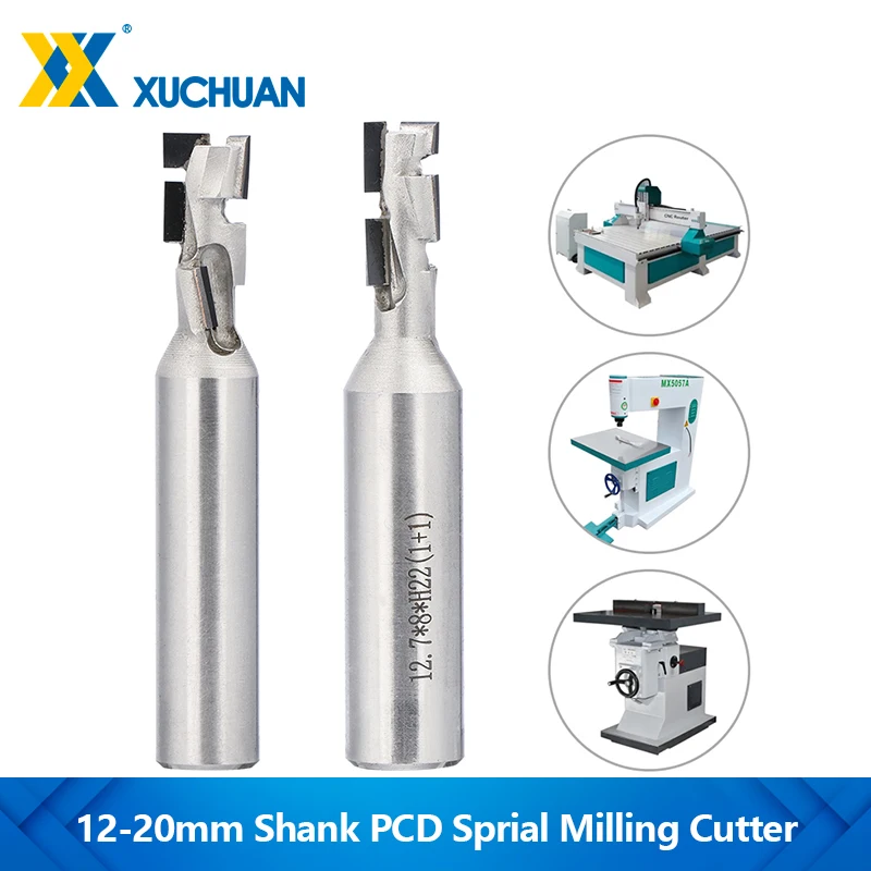 PCD Sprial Milling Cutter 12/12.7/20mm Shank Vsharp Diamond Corn End Mill for MDF Wood Engraving Slotting CNC Router Bits Tool