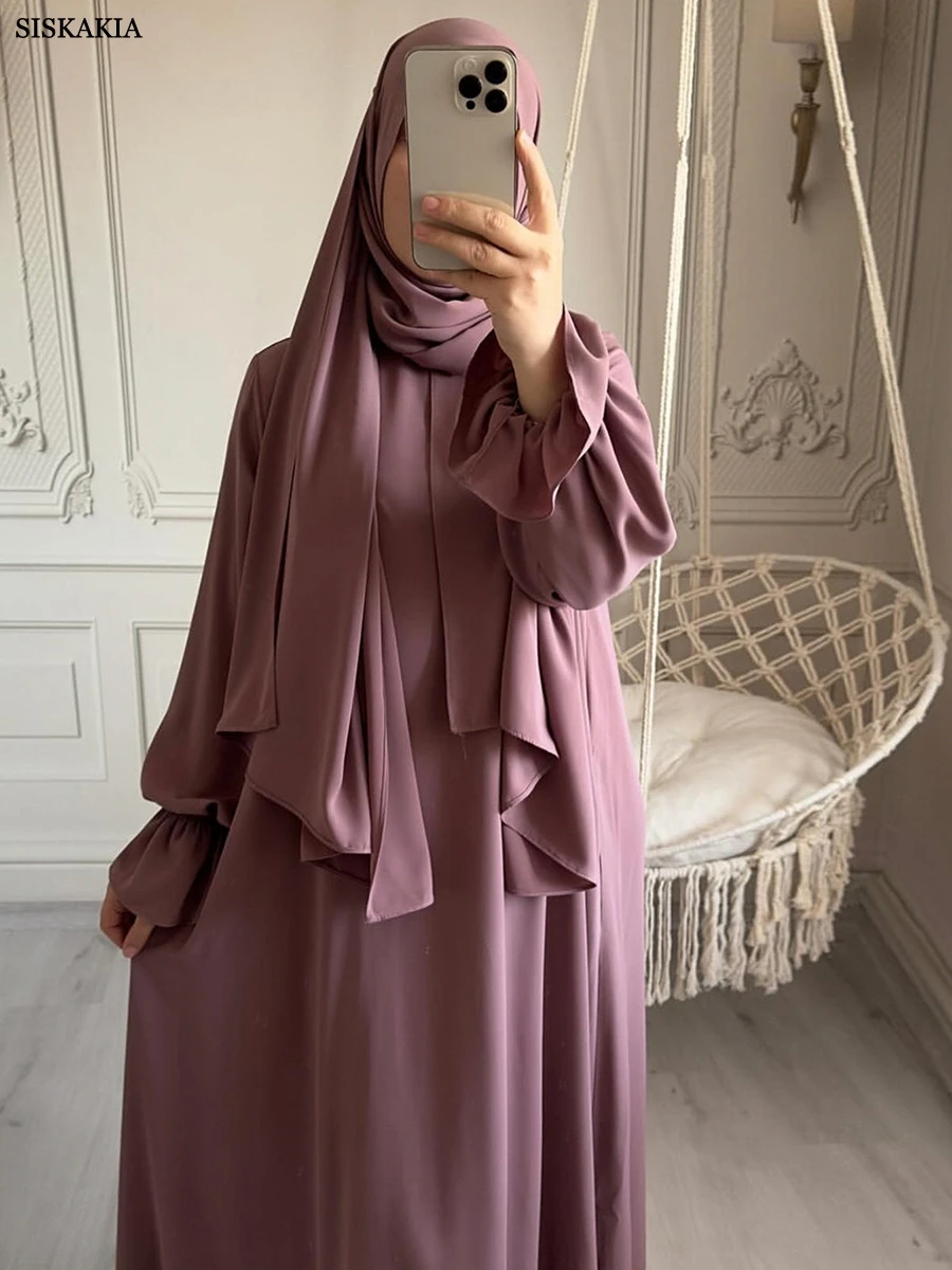 Siskakia Solid Modest Abaya Muslim Woman Dubai Dresses With Headscarf Flare Sleeve Casual Clothing Islam Dubai Prayer Robe