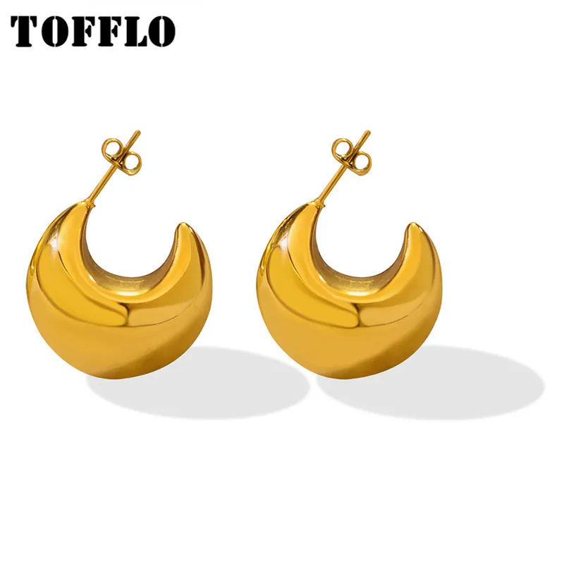 

TOFFLO Stainless Steel Jewelry Hollow C-Shaped Earrings Plated With 18K Gold Female Fashion Earrings BSF582