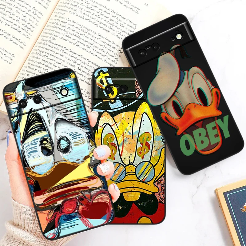 Casing ponsel kartun Disney Donald bebek, sarung HP silikon hitam anti syok untuk Google Pixel 9 8 7A 7 6A 6 5A 5 4 4A XL 5G