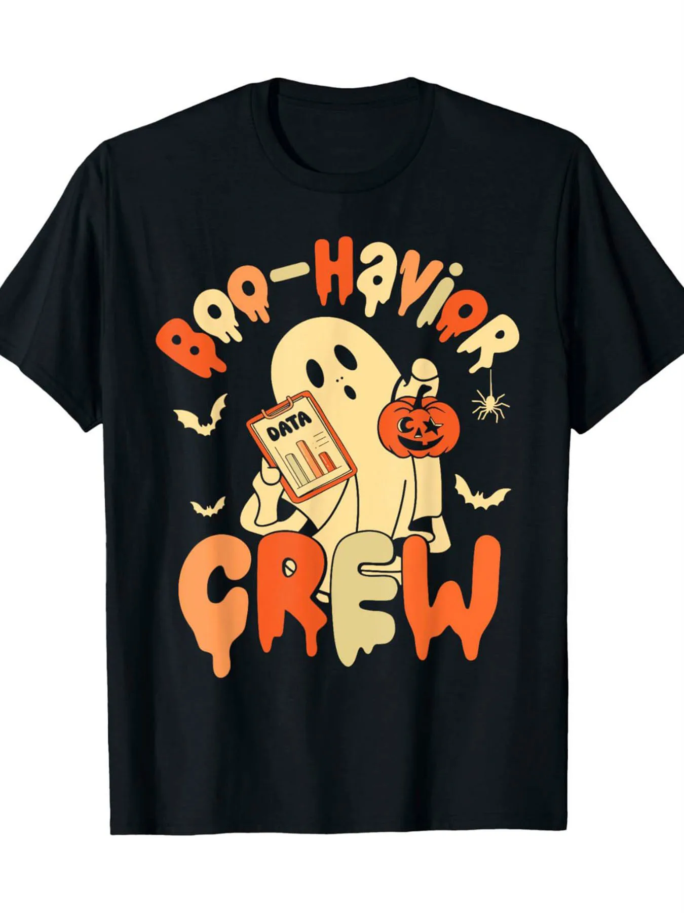 Funny Men's Black Graphic T-Shirt Boo Havior Crew Ghost Pumpkin Spider Bat Halloween Letter Print 100% Cotton Heavyweight Short Sleeve Casual Streetwear Tee