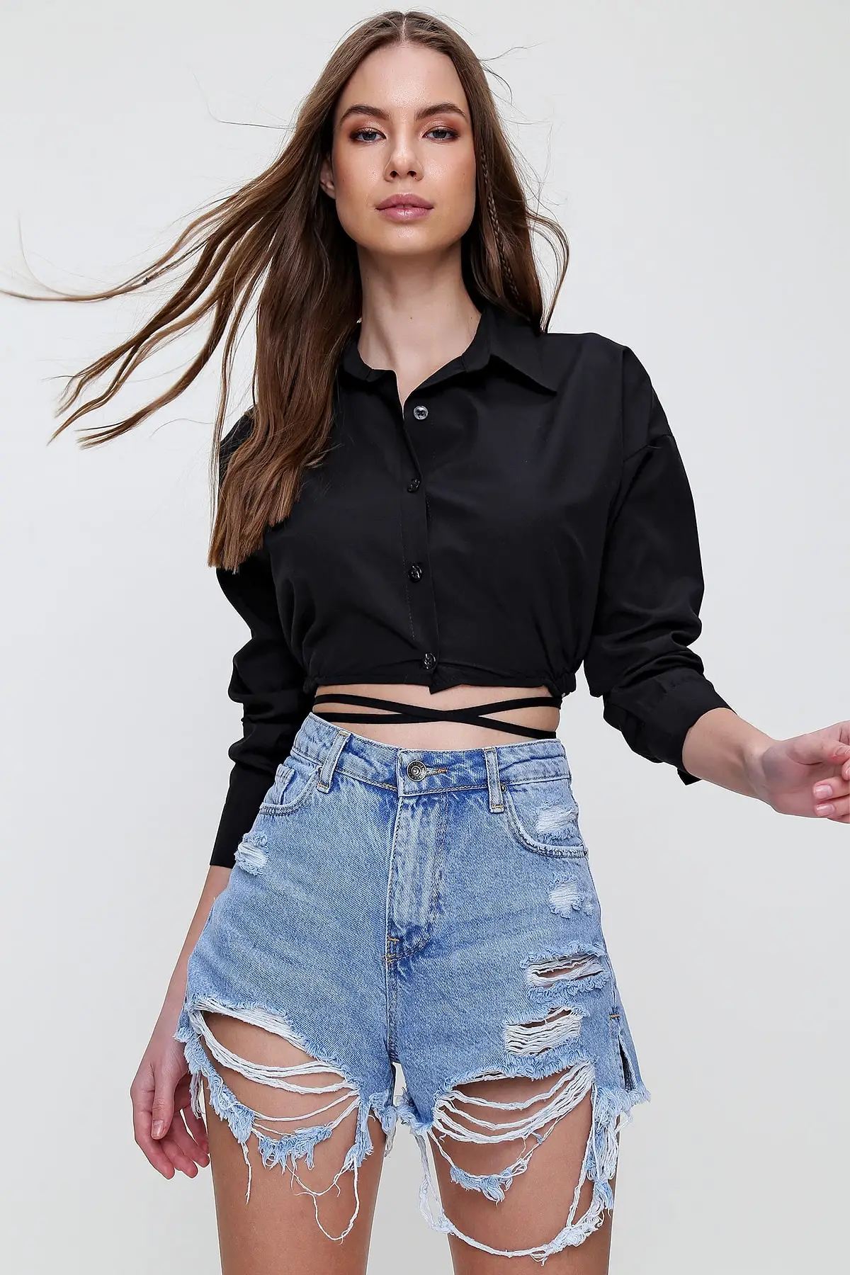 Kemeja Poplin Crop Bertali Hitam Wanita ALC-X6039 Tren Mode Wanita Musim Baru Berkualitas Cantik