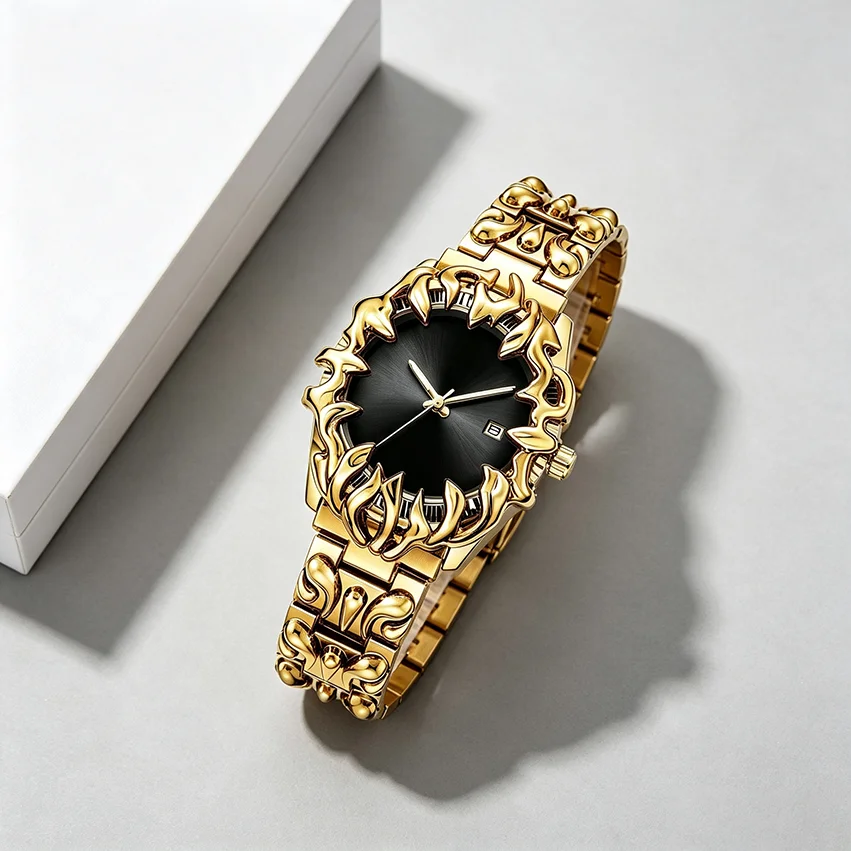 Luxury Y2K Men's Handmade Wristwatch with Dragon Scale Pointed Tin Solder Design European American Light Irregular Original