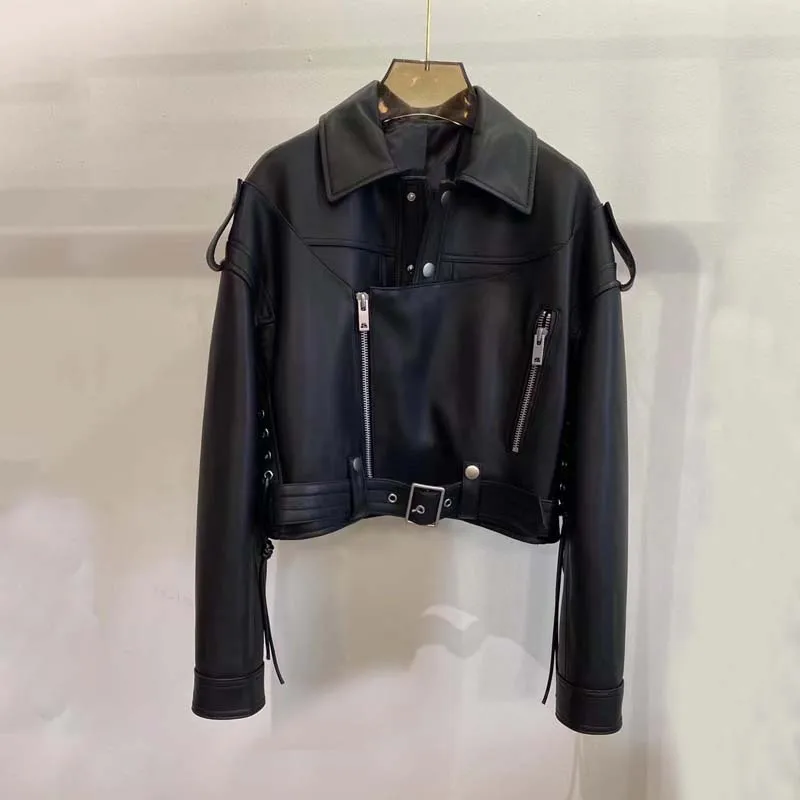 New Fashion 2023 Women Coat Spring Short Length Moto & Biker Style Turn-Down Collar Genuine Leather Jacket With Belt Long Sleeve