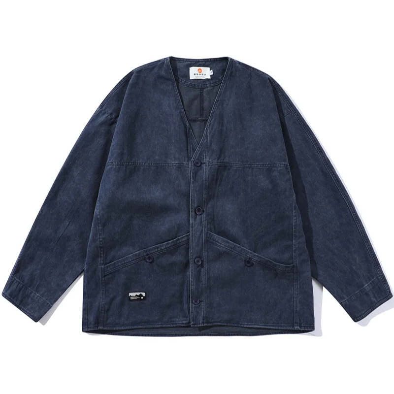 

Japanese Retro Amekaji Washed & Distressed Indigo Dyed V-Neck Denim Jacket - Unisex Loose Fit Collarless Utility Jacket