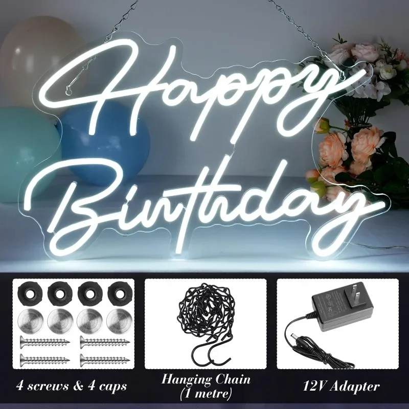 Happy Birthday LED Neon Light Signs with Dimmable Switch 5v Power Cold Happy Birthday Party Room Wall Art Backdrop