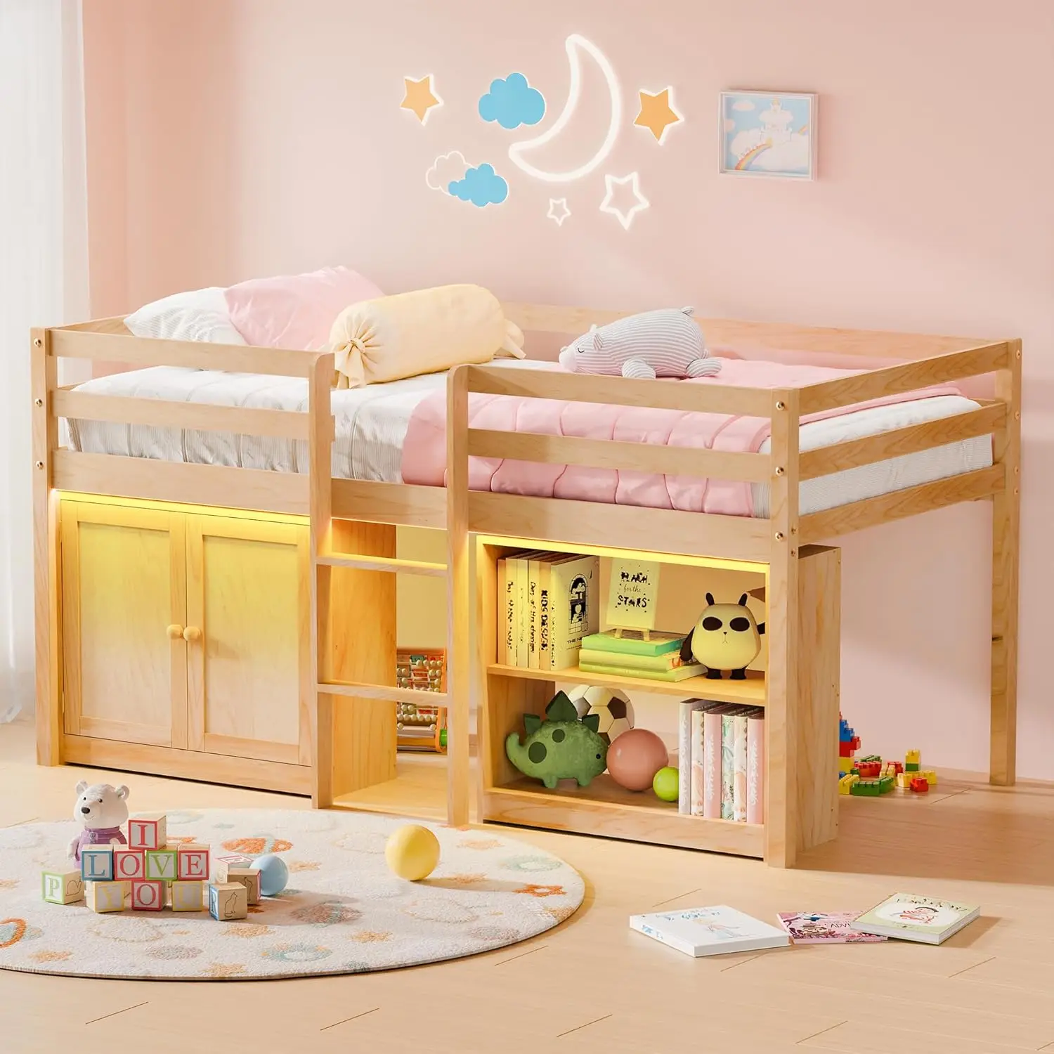 

Низкая кровать-чердак со светодиодной подсветкой, деревянная кровать-чердак размера Twin с лестницей и защитным бортиком, каркас кровати Twin для детей с местом для хранения