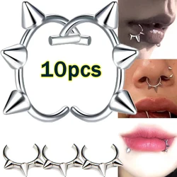 10pcs Punk Nose Ring One Nail Dual Use Lip Rings Stainless Steel C Shaped Fake Rivet Clip on Non Body Piercing Hoop Jewelry