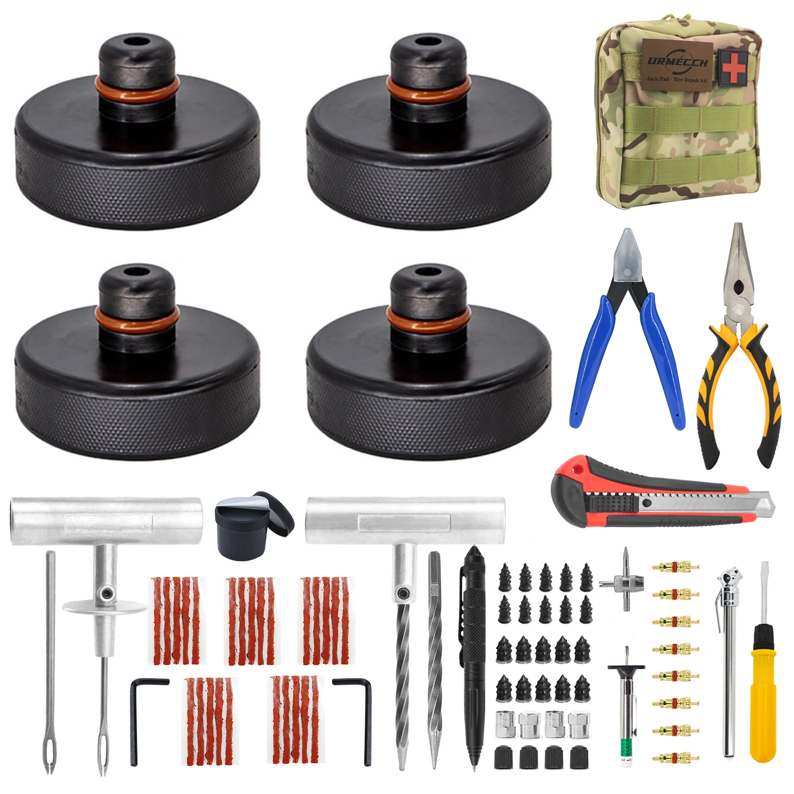 

For Tesla Model 3/Y/S/X Jack Pad and Tire Repair Kit with Tactical MOLLEStorage Pouch 4 Jack Pucks with Heavy Duty Tire Plug Kit