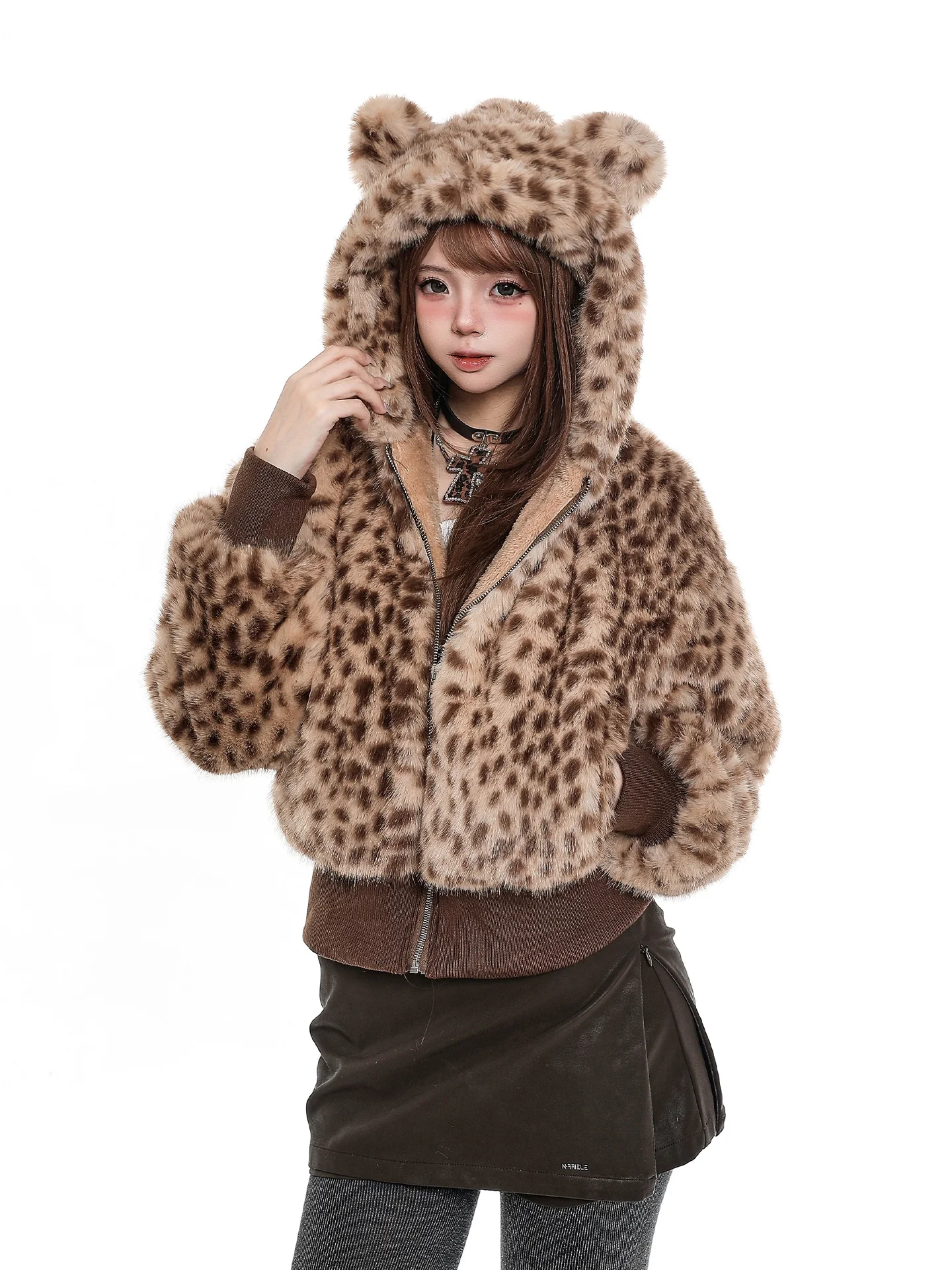 Retro American Leopard Print Lamb Fur Hooded Cotton Jacket Short Thick Warm Women's Winter Coat Sweet Style Loose Fit Zipper
