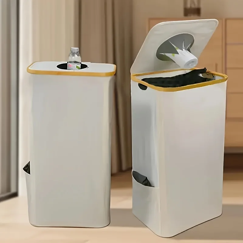 Bamboo Classification Recycling Bottle Storage Basket Trash Can Large Size with Lid Foldable Beverage Bottle Recycling Box