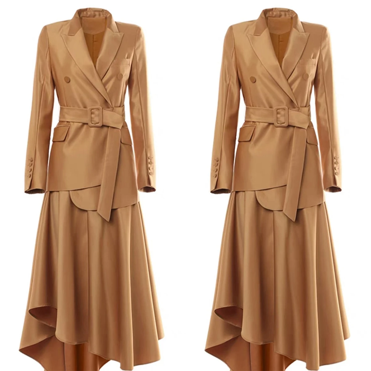 Elegant Women Suits Peak Lapel Lady Set Slim Fit Long Sleeves Blazer With Belt 2 Pcs Coat Skirt Custom Made