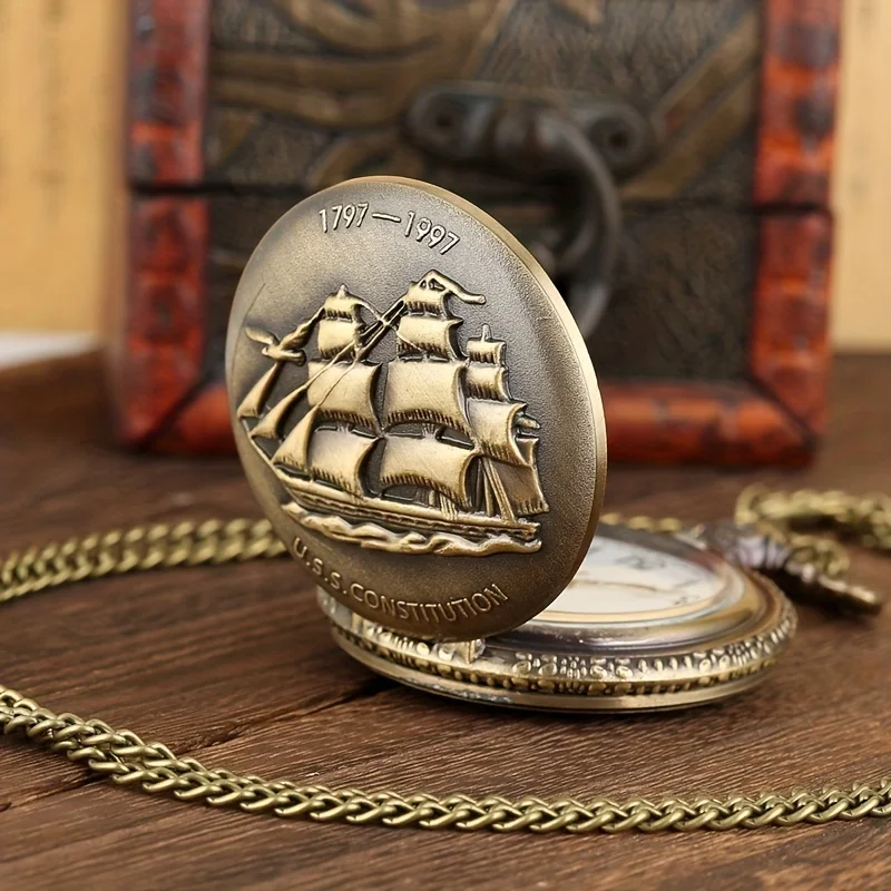 Men's Vintage Bronze Sailboat Pocket Watch Necklace - Stylish and Functional Timepiece